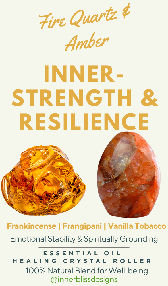 Promotional image for a crystal roller blend with fire quartz, amber, frankincense, frangipani, and vanilla tobacco.
