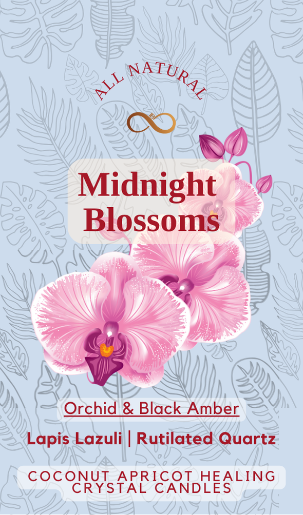 Midnight Blossoms | Orchid & Amber Candle | Description Card