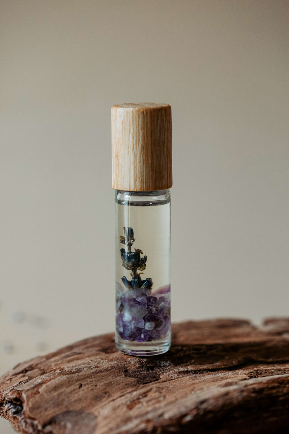 Pick Me Up | Essential Oil Crystal Roller | Amethyst & Lavender | On Wood