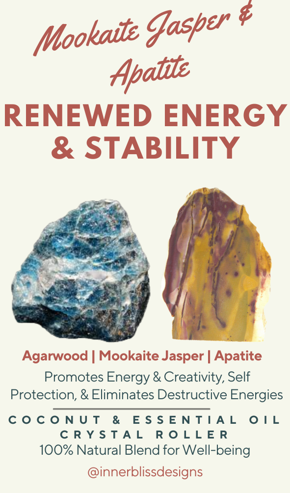 Renewed Energy & Stability | Essential Oil Crystal Roller | Mookaite Jasper, Apatite & Agarwood | Description Card