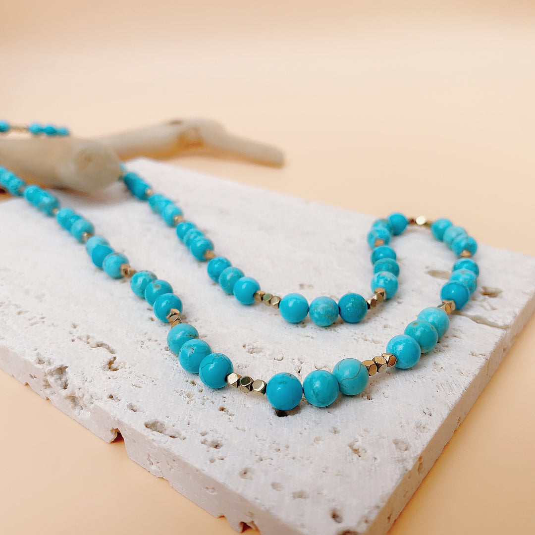 Turquoise (綠松石) 3 Beaded Sequence Necklace | Titanium Pyrite Spacer Beads