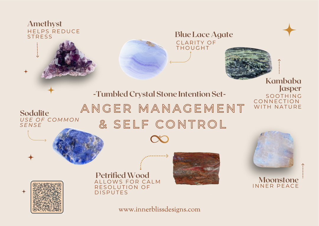 ANGER MANAGEMENT & SELF CONTROL | Loose Tumbled Stone Intentions Healing Crystal Set | Shop Online | Amethyst, Blue Lace Agate, Kambaba Jasper, Moonstone, Petrified Wood, Sodalite