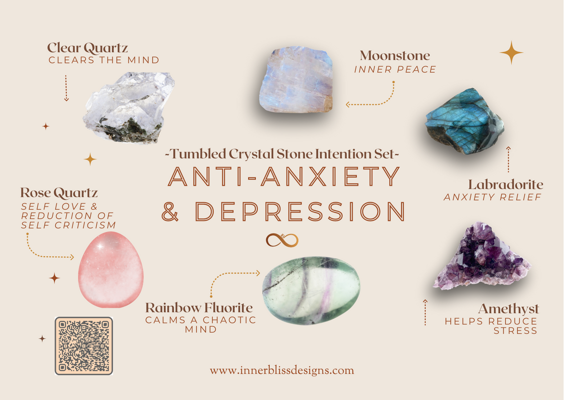 ANTI-ANXIETY & DEPRESSION | Loose Tumbled Stone Intentions Healing Crystal Set | Shop Online | Amethyst, Clear Quartz, Moonstone, Labradorite, Rainbow Fluorite, Rose Quartz
