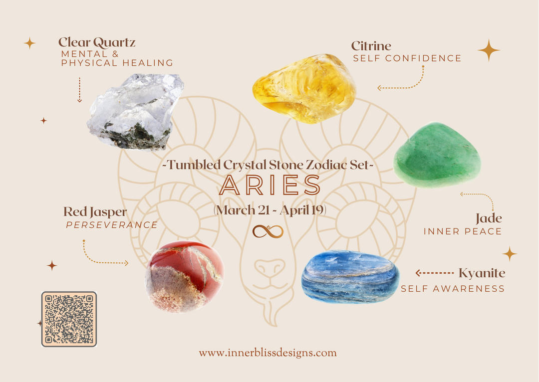 Aries | Loose Tumbled Stone Zodiac Healing Crystal Set | Shop Online | Clear Quartz, Citrine, Jade, Kyanite, Red Jasper