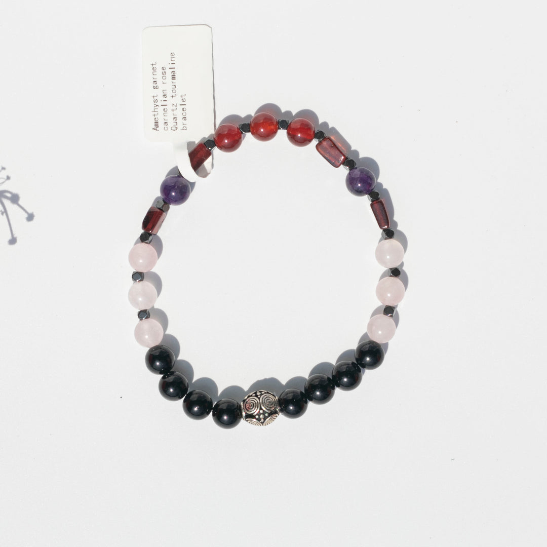 Amethyst (紫水晶) | Carnelian (紅瑪瑙) | Garnet (石榴石) | Rose Quartz (粉晶) | Tourmaline (黑碧璽) | Bracelet with Tribal Spacer