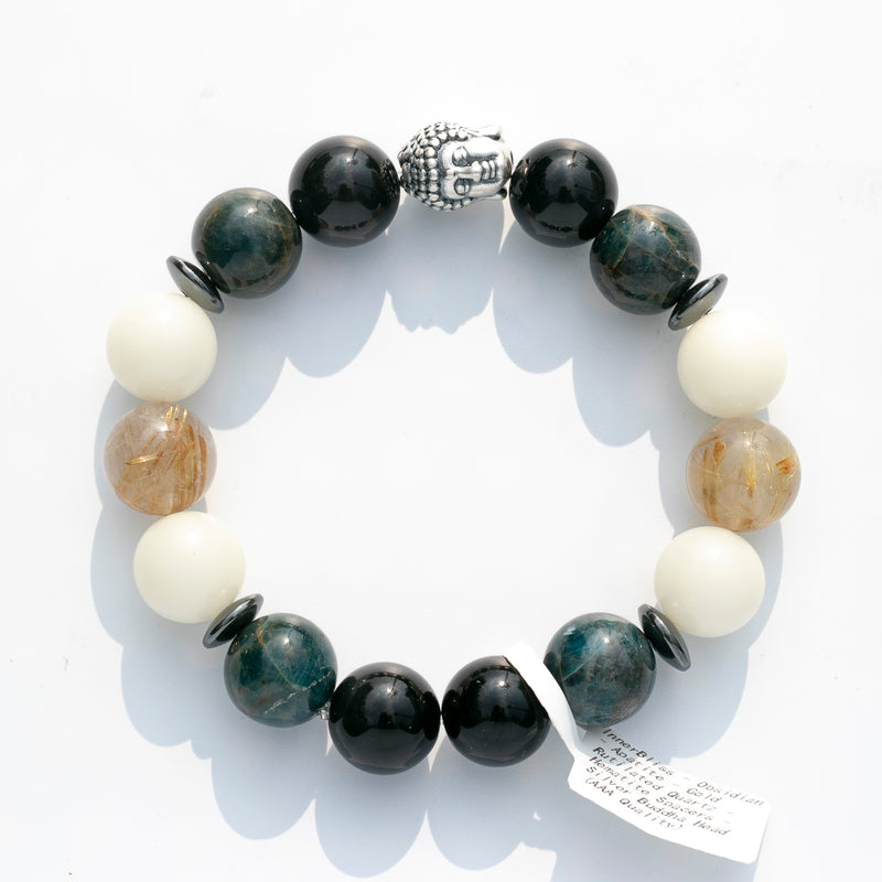 Apatite (磷灰石) | Bodhi Root | Obsidian (黑曜石) | Rutilated Quartz (髮晶) | Sterling Silver Buddha Head |(AAA Quality) Bracelet
