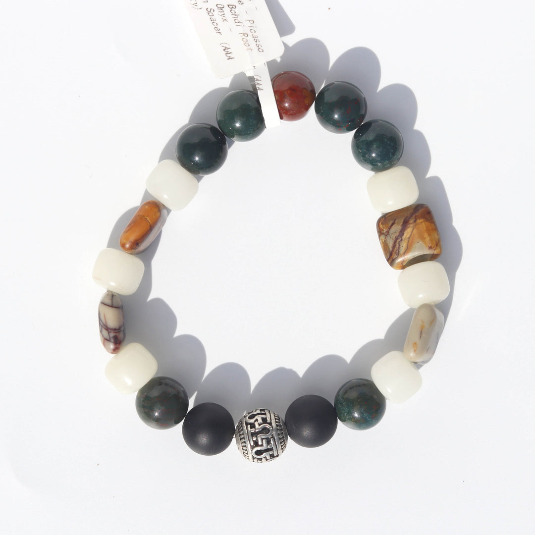 Bloodstone (血石) | Bodhi Root | Matte Onyx (縞瑪瑙) | Red Creek Jasper (畢卡索碧玉) | Tibetan Spacer Bead |(AAA Quality) Bracelet