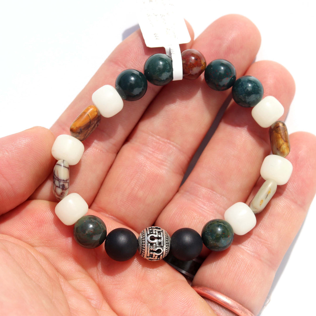 Bloodstone | Bodhi Root | Matte Onyx | Red Creek Jasper | Stretchy Cord Healing Crystal Bracelet with Tibetan Spacer Beads | Choose Size