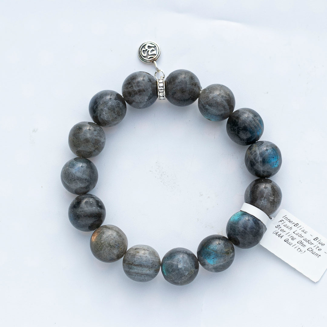 Blue Flash Labradorite | Stretchy Cord Bracelet with Sterling Silver Ohm Bead | The Shielding Stone | Choose Wrist & Bead Size