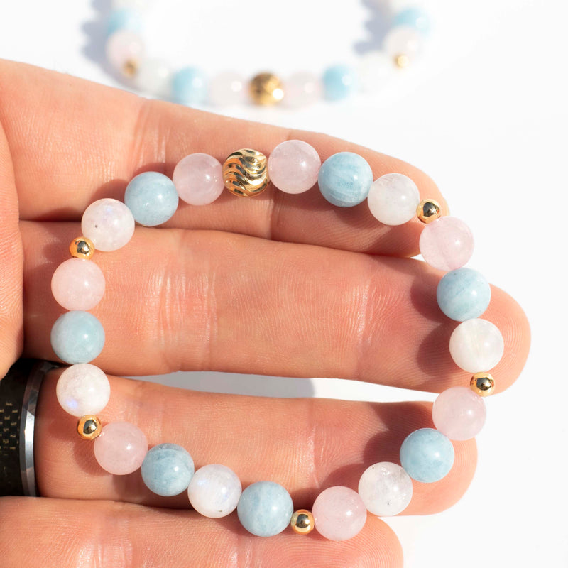 Moonstone (月亮石) - Aquamarine (海蓝宝石) - Rose Quartz (粉晶) | Stretchy Cord Bracelet | Gold Plated Spacer Beads | Choose Preferred Size