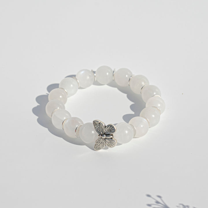 Blue Flash Moonstone (月亮石) (AAA Quality) | Stretchy Cord Bracelet with Silver Tone Butterfly | The Stone of Stability