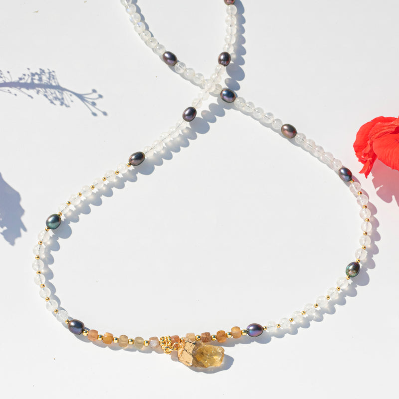 Blue Flash Moonstone | Peacock Pearl | Peach Moonstone | Citrine Pendant | Fixed Length Healing Crystal Necklace | Choose Preferred Length