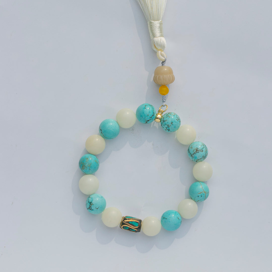 Blue Howlite | Bodhi Root | Stretchy Cord Healing Crystal Bracelet with Tibetan Style Spacer Beads | White Mantra Tassel | Choose Size