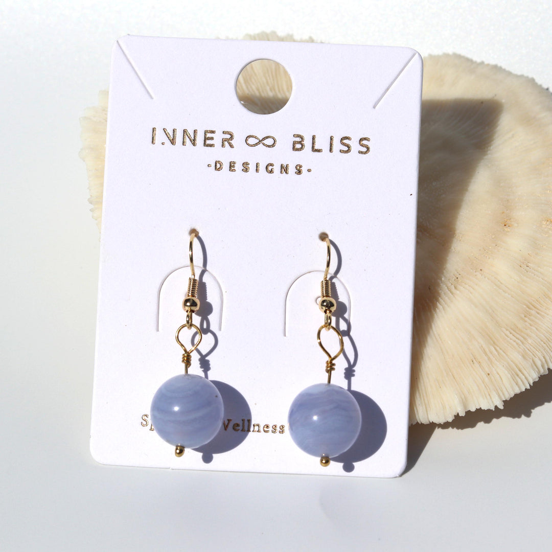 Blue Lace Agate (藍紋瑪瑙) | Stud Drop Earrings | Stone of Tranquility