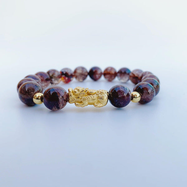 Bronze Rutilated Quartz (髮晶) | Gold Plated Pixiu (貔貅) Bracelet