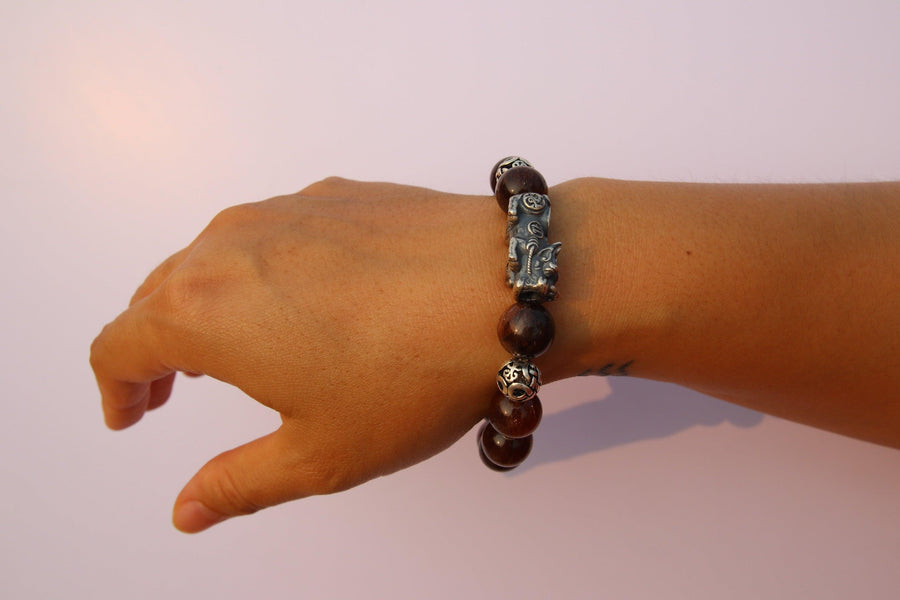 Bronze Rutilated Quartz | Sterling Silver Pixiu | Stretchy Cord Healing Crystal Bracelet | Choose Wrist Size