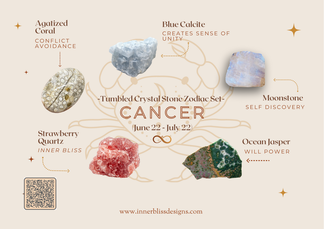 CANCER | Loose Tumbled Stone Zodiac Healing Crystal Set | Shop Online | Agatized Coral, Blue Calcite, Moonstone, Ocean Jasper, Strawberry Quartz