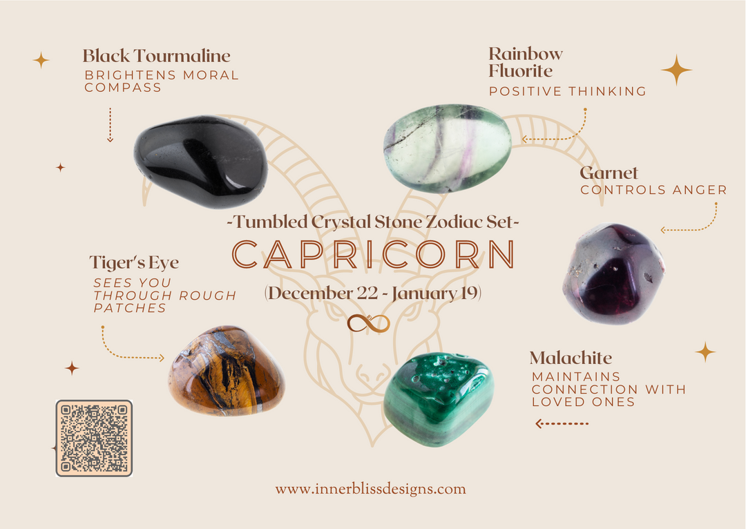 CAPRICORN | Loose Tumbled Stone Zodiac Healing Crystal Set | Shop Online | Black Tourmaline, Rainbow Fluorite, Garnet, Malachite, Tiger's Eye