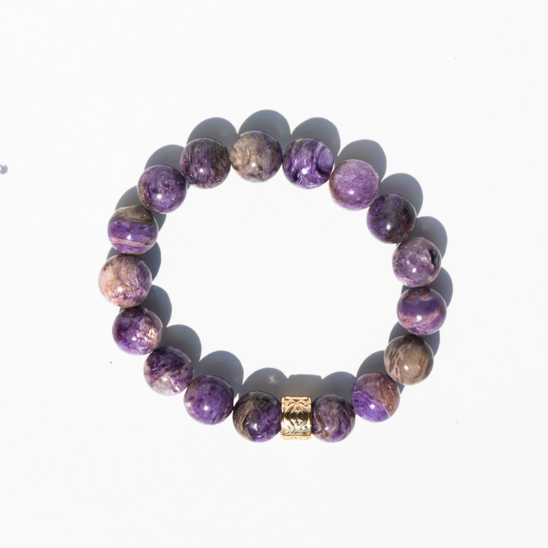 Charoite | Stretchy Cord Healing Crystal Bracelet | 24K Gold Plated Spacers | The Stone of Transformation | AAA Quality | Choose Wrist Size