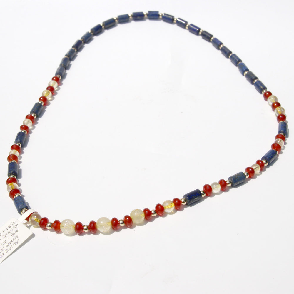 Citrine | Carnelian | Lapis Lazuli | Healing Crystal Round & Tube Bead Fixed Length Necklace | AAA Quality | Choose Preferred Length