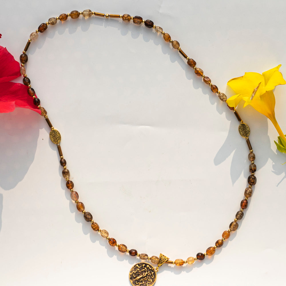 Dragon Vein Agate | Fixed Length Healing Crystal Necklace | Medusa Head Pendant | Bronze Tinted Beads | Choose Length