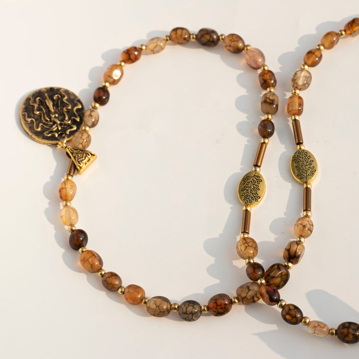 Dragon Vein Agate (瑪瑙) | Fixed Length Necklace | Medusa Head Pendant | Bronze Tinted Beads