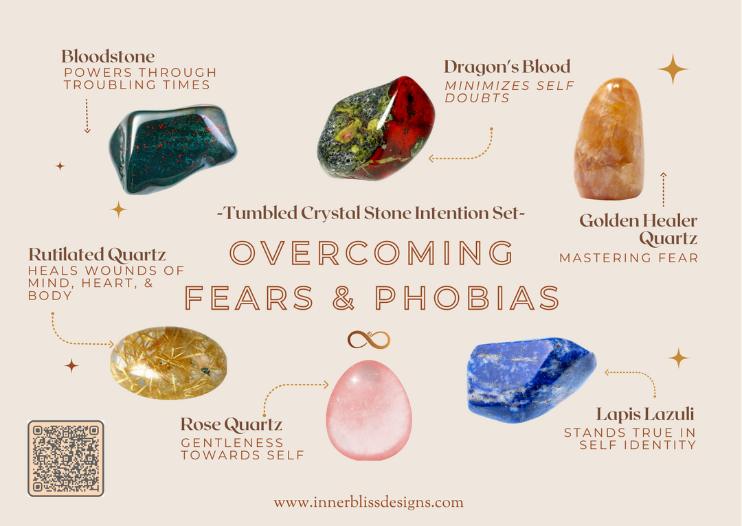 OVERCOMING FEARS & PHOBIAS | Loose Tumbled Stone Intentions Healing Crystal Set | Shop Online | Bloodstone, Dragon's Blood, Golden Healer Quartz, Lapis Lazuli, Rose Quartz, Rutilated Quartz