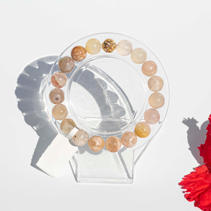 Flower Agate | Stretchy Cord Healing Crystal Bracelet | Gold Plated Spacer | The Stone of New Birth | Choose Bead & Wrist Size