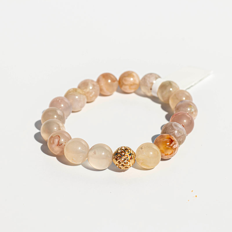 Flower (Cherry Blossom) Agate (櫻花瑪瑙) (AAA Quality) Stretchy Cord Bracelet | Gold Plated Spacer | The Stone of New Birth