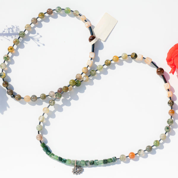 Flower (Cherry Blossom) Agate (櫻花瑪瑙) | Moss Agate (水草瑪瑙) | Hematite Spacers (赤鐵礦) | Fixed Length Necklace