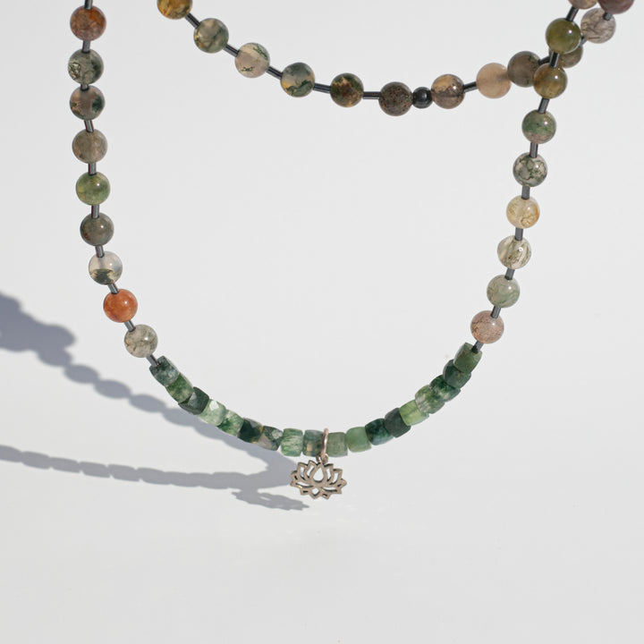 Flower (Cherry Blossom) Agate (櫻花瑪瑙) | Moss Agate (水草瑪瑙) | Hematite Spacers (赤鐵礦) | Fixed Length Necklace