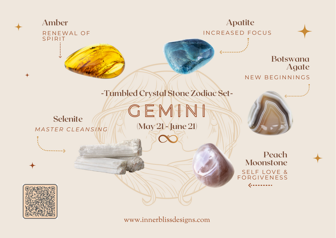 GEMINI | Loose Tumbled Stone Zodiac Healing Crystal Set | Shop Online | Amber, Apatite, Botswana Agate, Peach Moonstone, Selenite