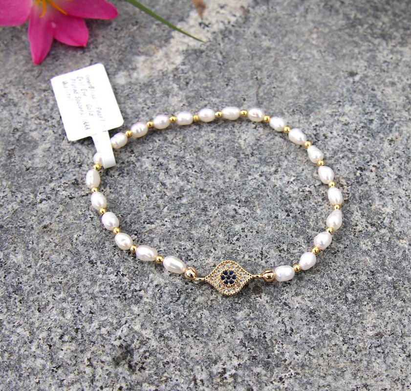 Pearl | Gold Plated Spacer Beads | Evil Eye | Stretchy Cord Healing Crystal Bracelet | The Stone Of Sensuality | Choose Preferred Wrist Size