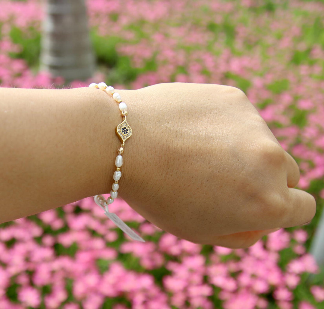 Pearl Bracelet (珍珠) | Gold Plated Spacer Beads | Evil Eye