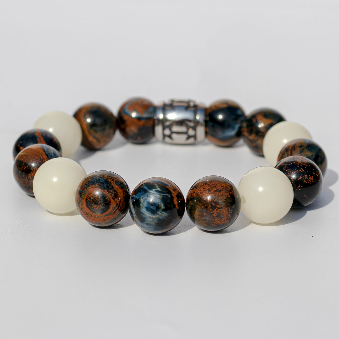 Pietersite | Bodhi Root | Stainless Steel Iron Cross | Men's Stretchy Cord Healing Crystal Beaded Bracelet | AAA Quality | Choose Wrist Size