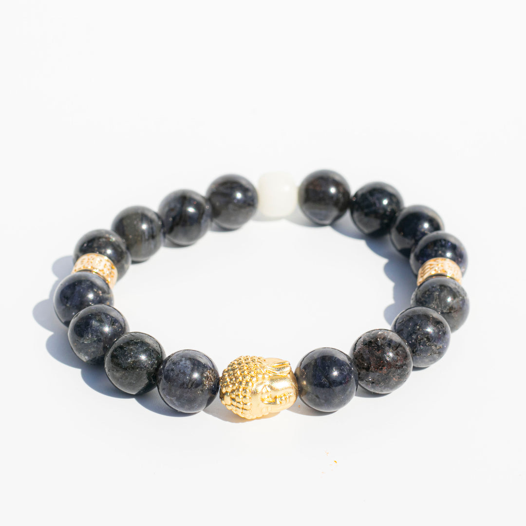 Iolite (堇青石) (AAA Quality) | Gold Plated Buddha and Spacer & Bodhi Root Beads | Stretchy Cord Bracelet | The Viking's Compass Stone