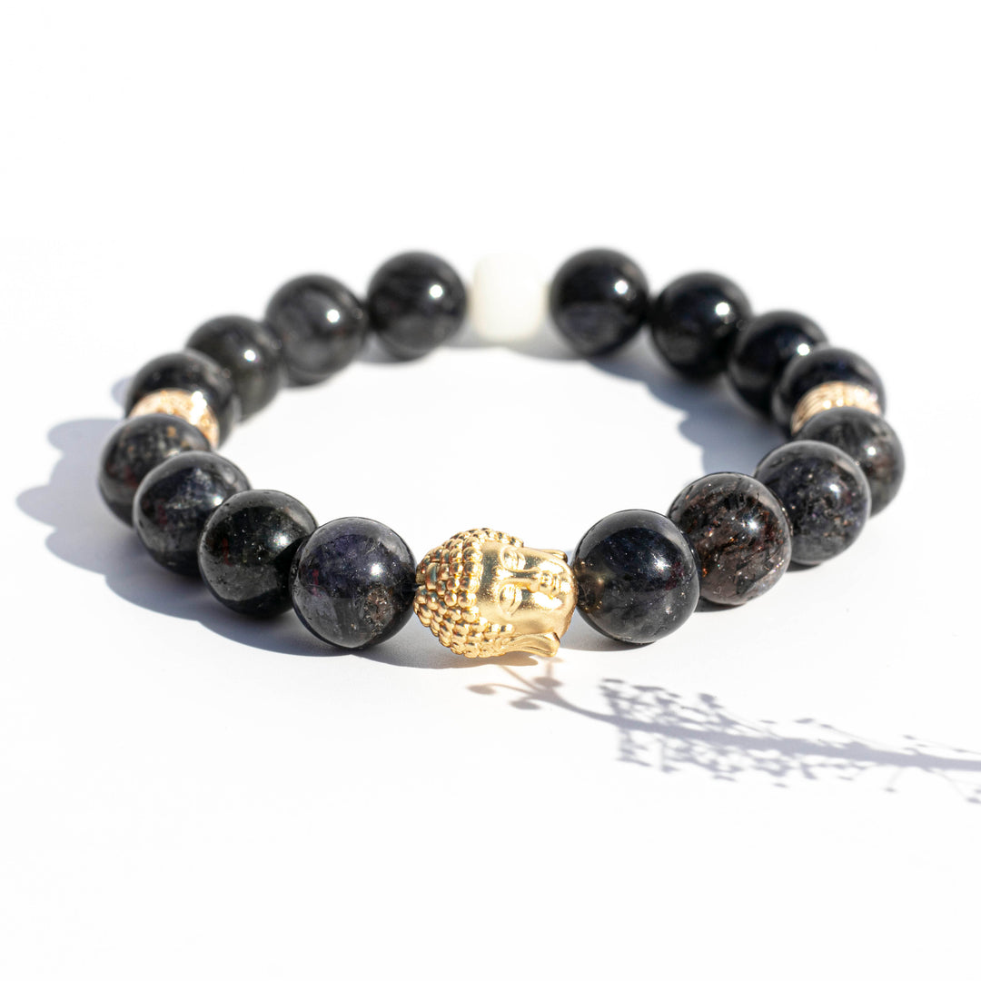 Iolite (堇青石) (AAA Quality) | Gold Plated Buddha and Spacer & Bodhi Root Beads | Stretchy Cord Bracelet | The Viking's Compass Stone