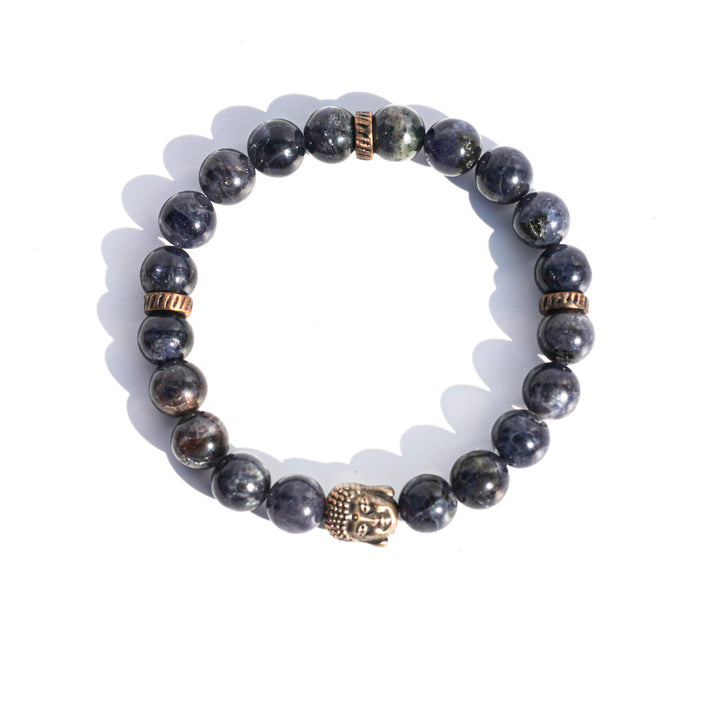 Iolite (堇青石) (AA Quality) | Bronze Buddha and Spacer Beads | Stretchy Cord Bracelet | The Viking's Compass Stone