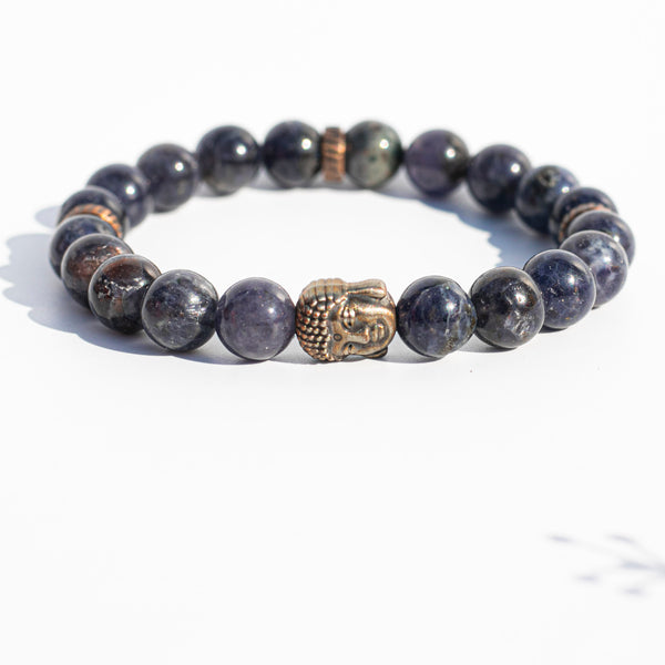 Iolite (堇青石) (AA Quality) | Bronze Buddha and Spacer Beads | Stretchy Cord Bracelet | The Viking's Compass Stone