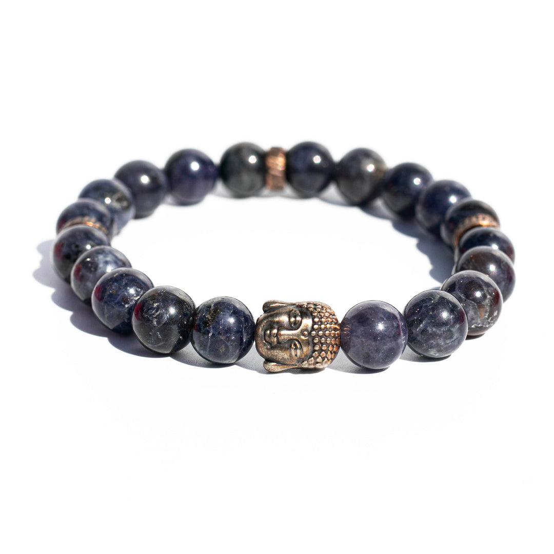 Iolite | Bronze Buddha and Spacer Beads | Stretchy Cord Healing Crystal Bracelet | The Inner Compass Stone | Choose Wrist and Bead Size