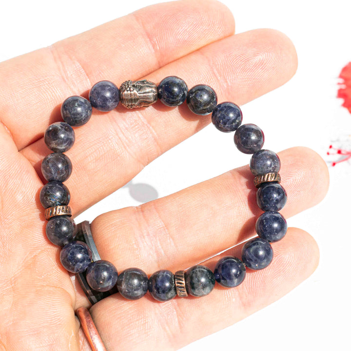 Iolite (堇青石) | Bronze Buddha and Spacer Beads | Stretchy Cord Bracelet | The Viking's Compass Stone
