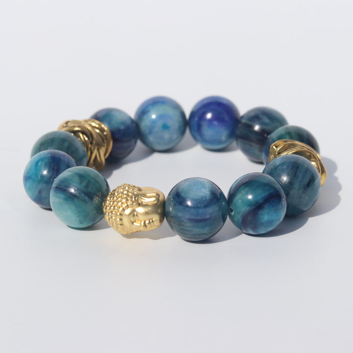 Kyanite (藍晶石) | Gold Plated Sterling Silver Buddha Head & Gold Tone Spacers | AAA Quality Stretchy Cord Bracelet | The Stone of Emotions