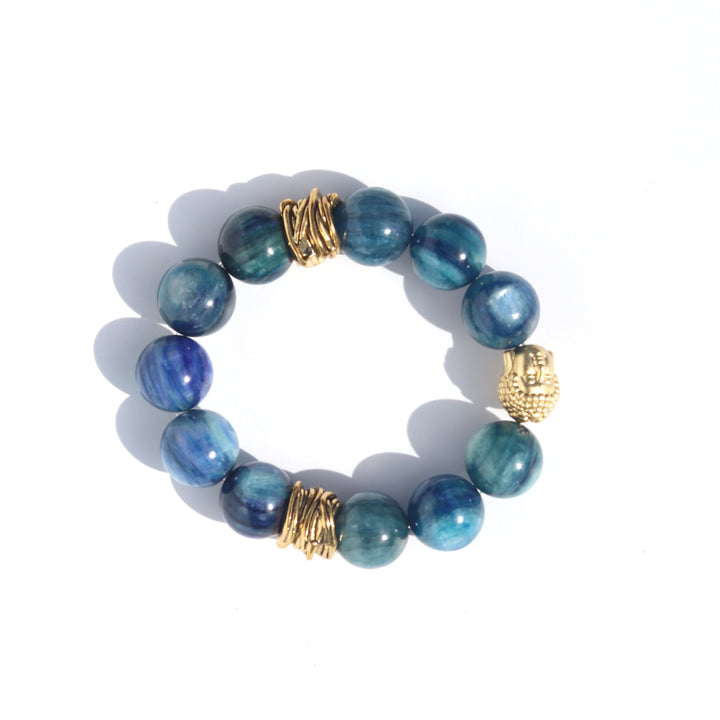 Kyanite | Stretchy Cord Healing Crystal Bracelet with Gold Plated Sterling Silver Buddha Head & Gold Tone Spacers | The Stone of Emotions