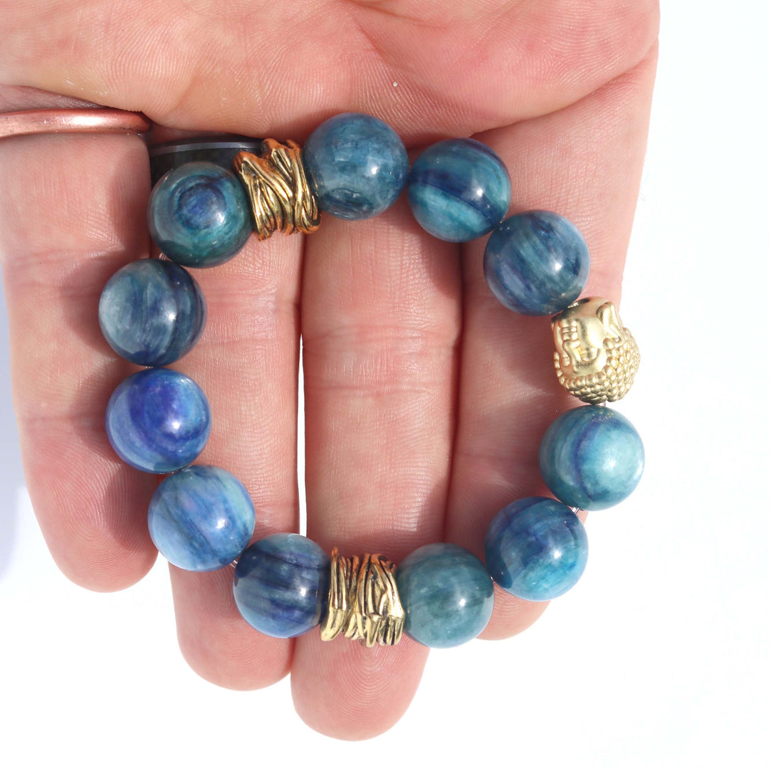 Kyanite (藍晶石) | Gold Plated Sterling Silver Buddha Head & Gold Tone Spacers | AAA Quality Stretchy Cord Bracelet | The Stone of Emotions