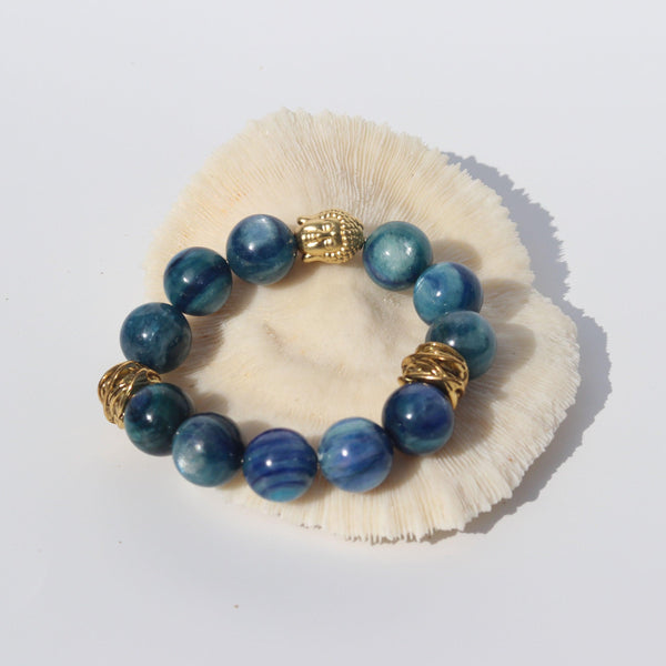 Kyanite (藍晶石) | Gold Plated Sterling Silver Buddha Head & Gold Tone Spacers | AAA Quality Stretchy Cord Bracelet | The Stone of Emotions