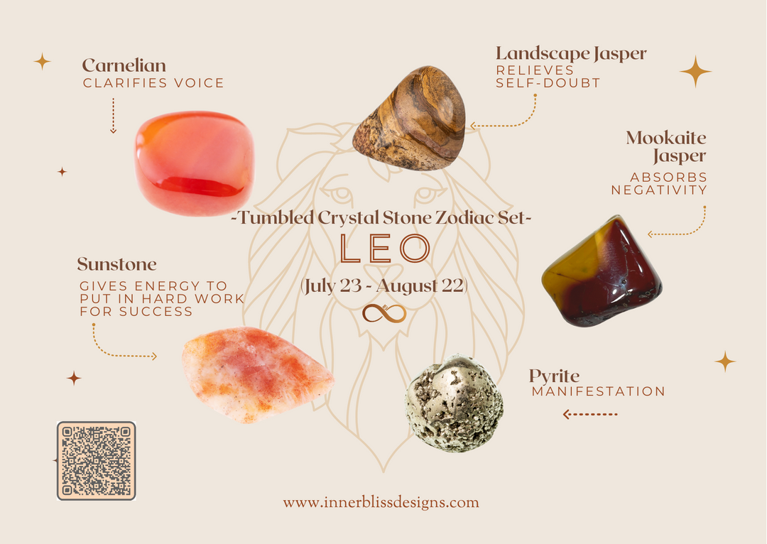LEO | Loose Tumbled Stone Zodiac Healing Crystal Set | Shop Online | Carnelian, Landscape Jasper, Mookaite Jasper, Pyrite, Sunstone