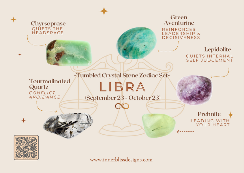 LIBRA | Loose Tumbled Stone Zodiac Healing Crystal Set | Shop Online | Chrysoprase, Green Aventurine, Lepidolite, Prehnite, Tourmalinated Quartz