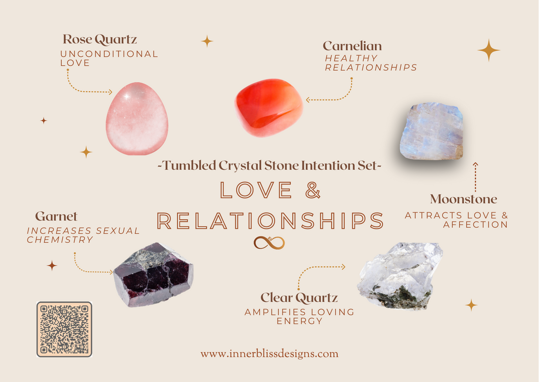 LOVE & RELATIONSHIPS | Loose Tumbled Stone Intentions Healing Crystal Set | Shop Online | Carnelian, Clear Quartz, Garnet, Moonstone, Rose Quartz
