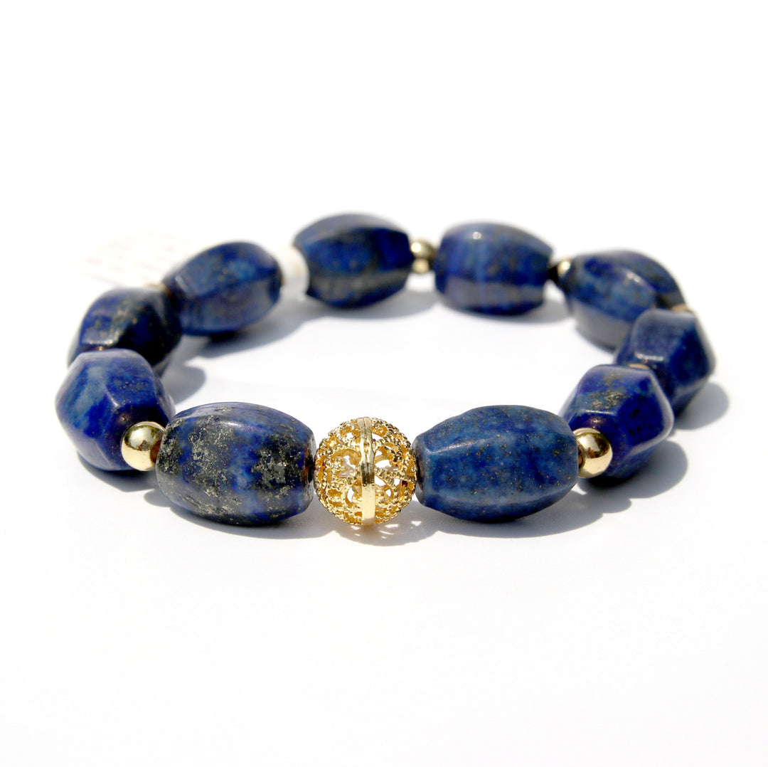 Lapis Lazuli Barrel Bead (青金石) (AAA Quality) | Gold Plated Spacer Bead Bracelet