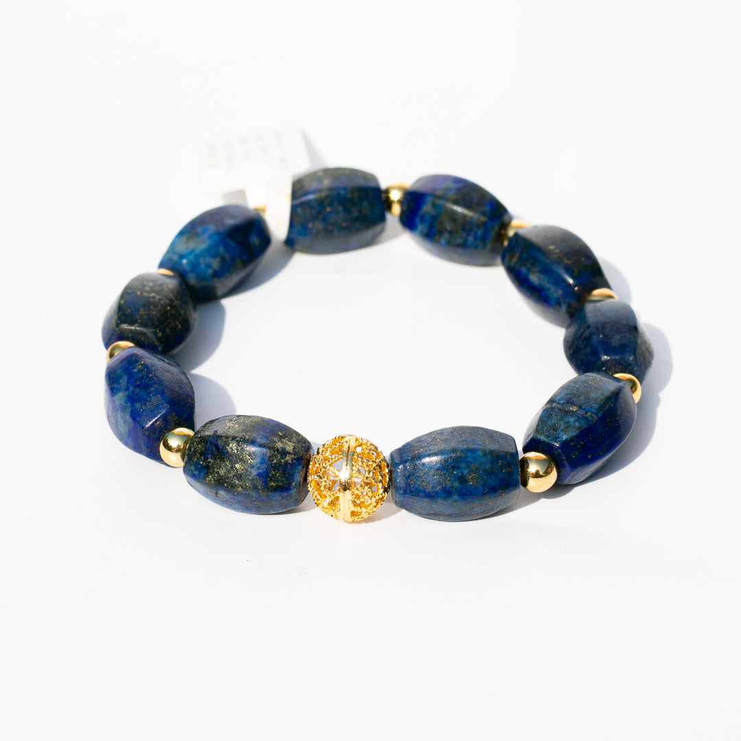 Lapis Lazuli | Stretchy Cord Healing Crystal Bracelet | Barrel Beads & Gold Plated Spacers | Choose Wrist Size